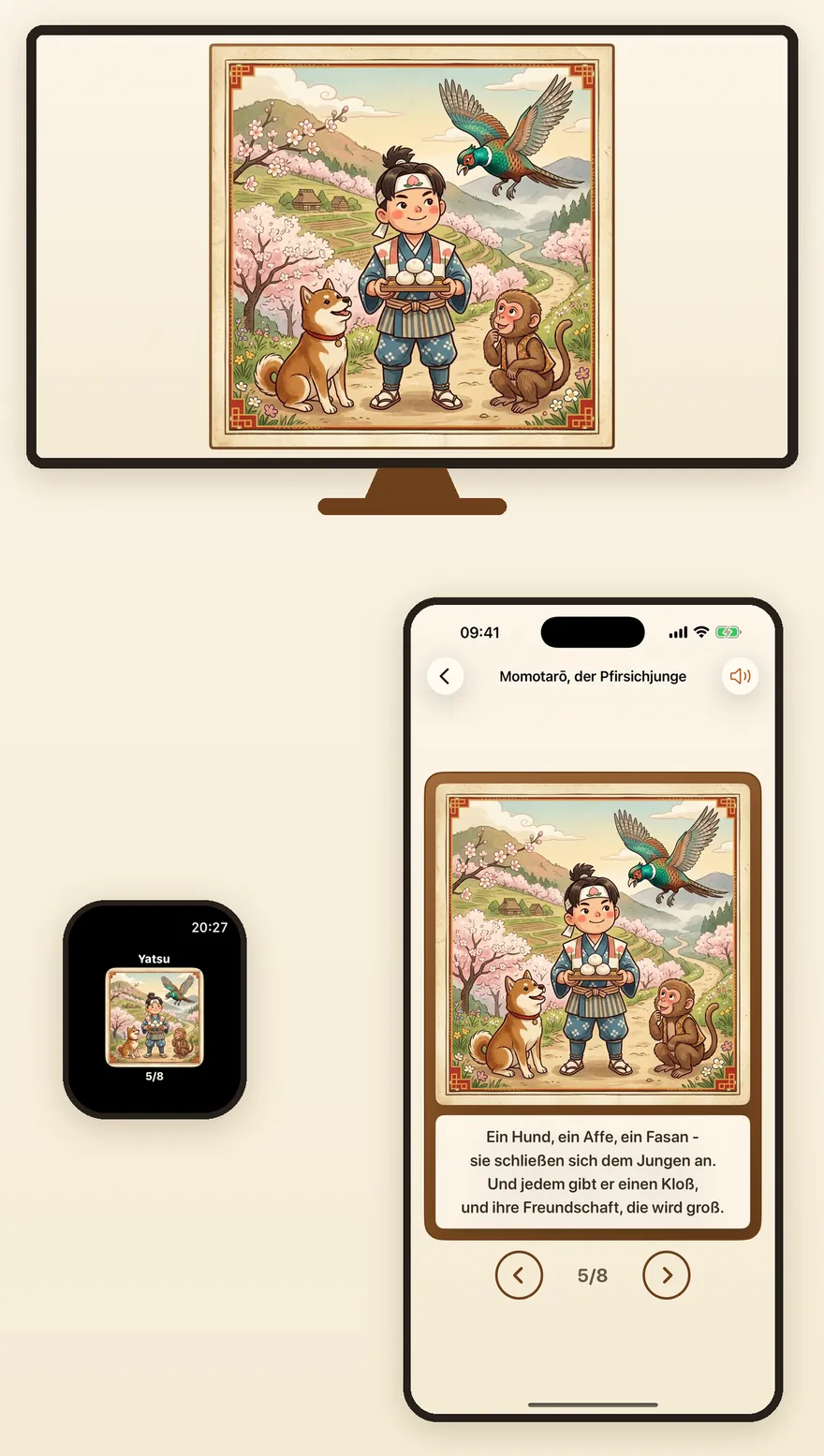 Ein Fernseher zeigt Momotarō mit Hund, Affe und Fasan; darunter ein iPhone mit derselben Karte und dem Vers, daneben eine Apple Watch mit der Karte im Kleinen.