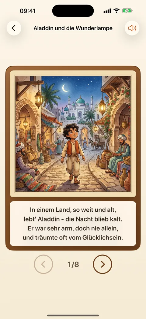 Die Bühne mit Aladdin, Karte 1 von 8, darunter der Vers.