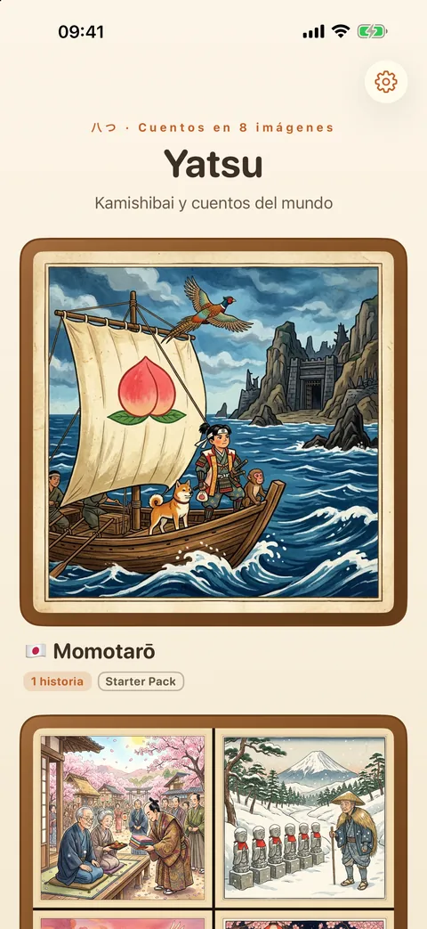 La estantería de la app, con Momotarō como primer cuento.
