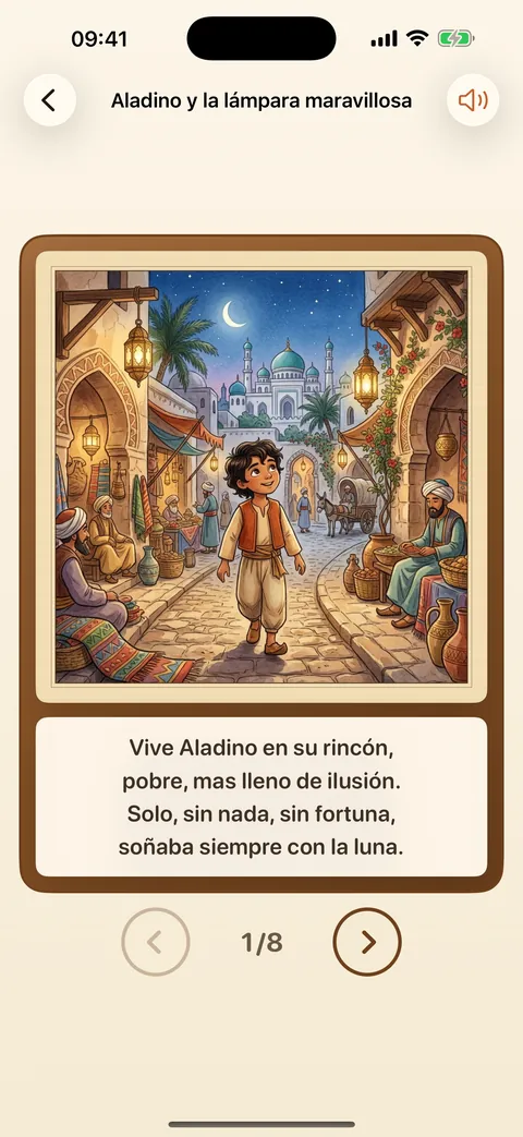 El escenario con Aladino, lámina 1 de 8, y el verso debajo.