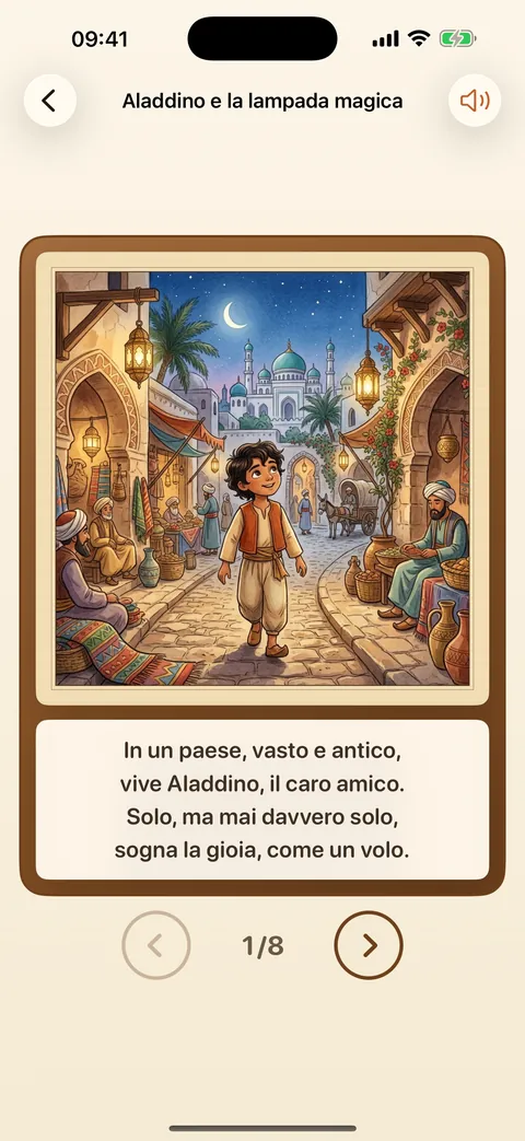 Il palco con Aladino, tavola 1 di 8, e i versi sotto.